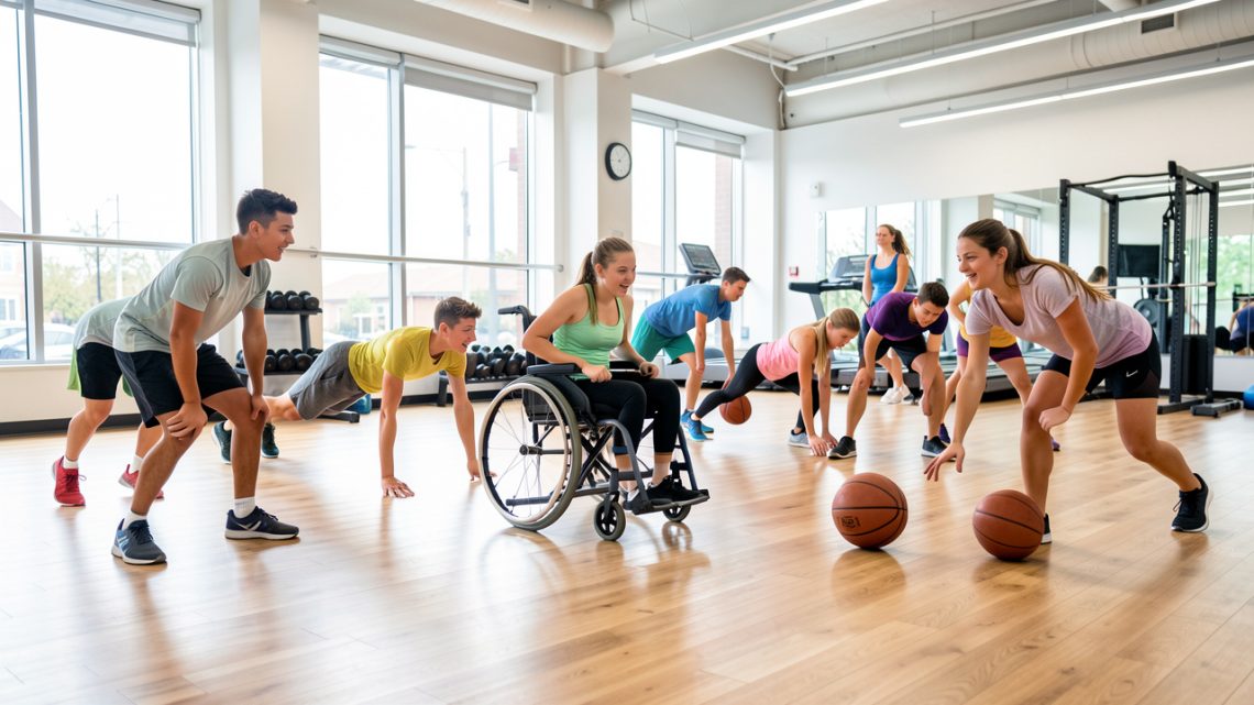 Des lycéens et des lycéennes, dont une sportive en fauteuil roulant, réalisent un circuit de fitness inclusif dans un gymnase lumineux, entre échauffement, gainage et dribbles, dans une ambiance motivante.