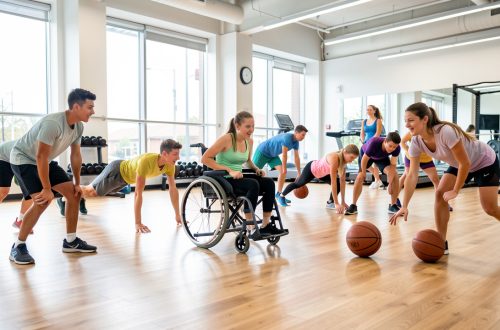 Des lycéens et des lycéennes, dont une sportive en fauteuil roulant, réalisent un circuit de fitness inclusif dans un gymnase lumineux, entre échauffement, gainage et dribbles, dans une ambiance motivante.