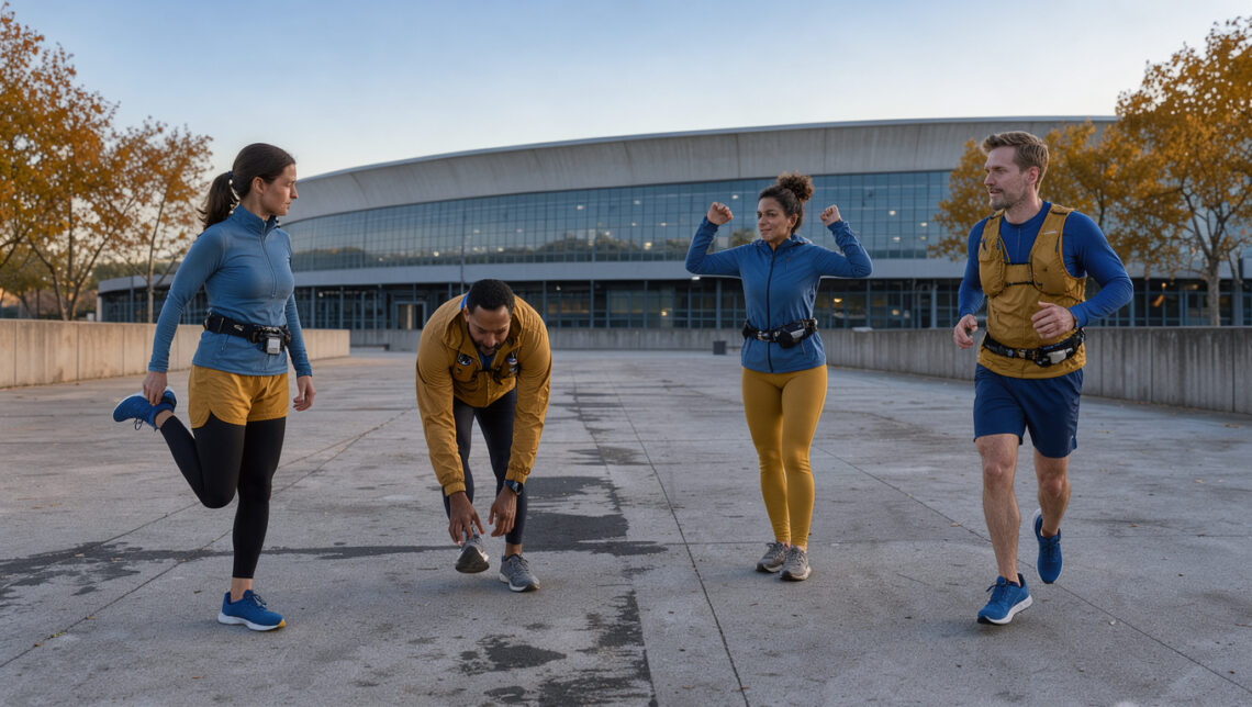 Quatre coureurs, deux femmes et deux hommes, s’échauffent devant un vélodrome à Marseille au petit matin, dans une douce lumière automnale.