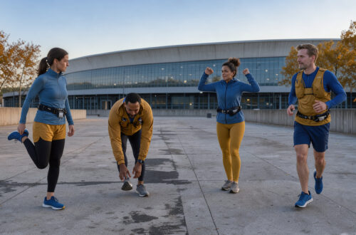 Quatre coureurs, deux femmes et deux hommes, s’échauffent devant un vélodrome à Marseille au petit matin, dans une douce lumière automnale.