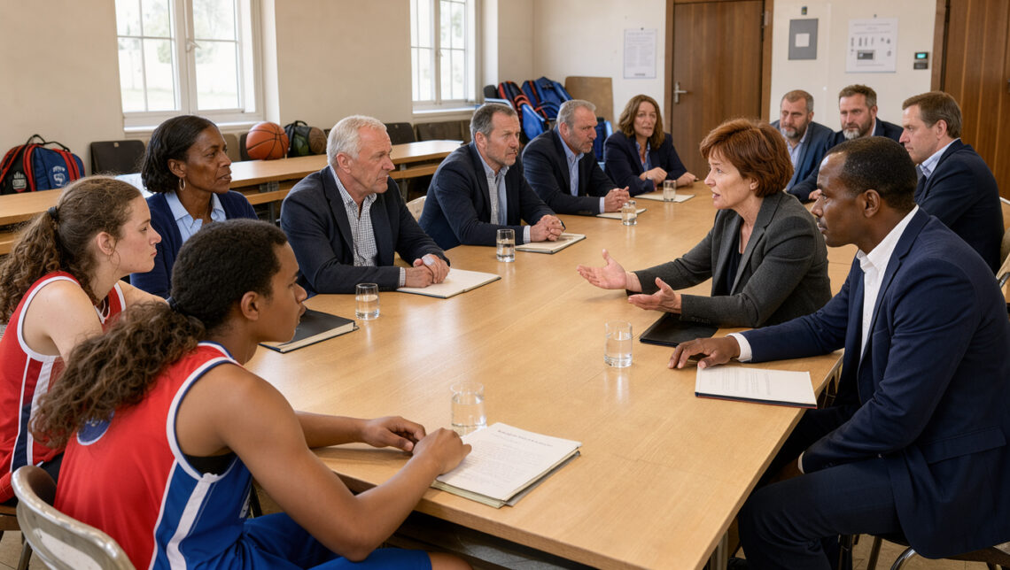 Illustration réaliste d’un débat public sur la politique sportive française, réunissant des représentants de clubs, de jeunes basketteurs et des élus dans une salle municipale.