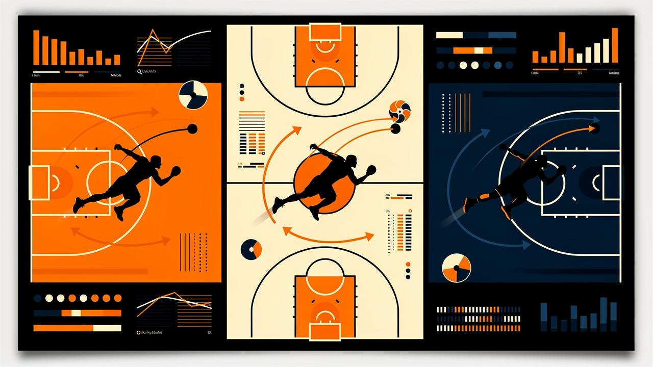 Illustration éditoriale montrant trois matchs de basketball comparés sur un grand tableau tactique, avec des silhouettes de joueurs masculins, des terrains stylisés, des trajectoires et des graphiques abstraits par quart-temps.