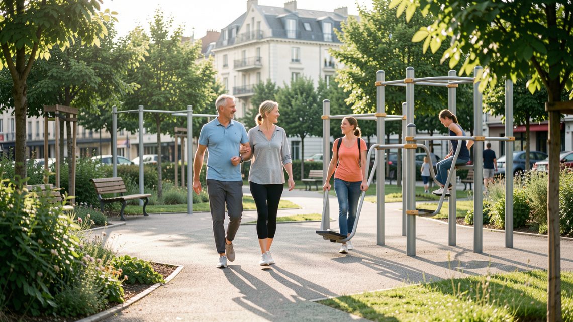 Jardin sportif urbain à Revel, où des adultes d’âges différents marchent et utilisent des agrès de fitness extérieur dans la lumière douce du matin.