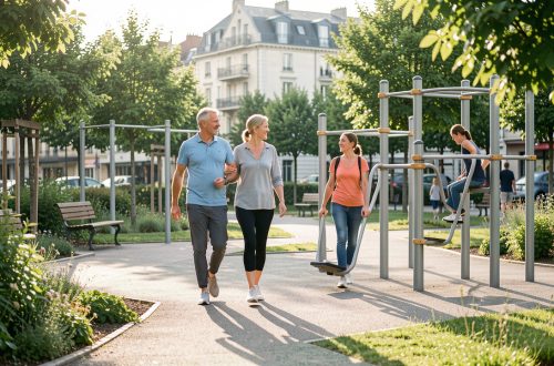 Jardin sportif urbain à Revel, où des adultes d’âges différents marchent et utilisent des agrès de fitness extérieur dans la lumière douce du matin.
