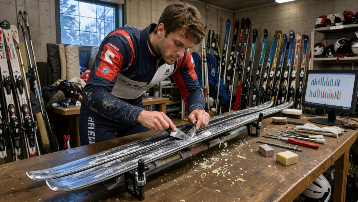 Jeune skieur alpin français en tenue de compétition préparant ses skis dans un local d’équipe de montagne, avec un ordinateur affichant des graphiques budgétaires abstraits.