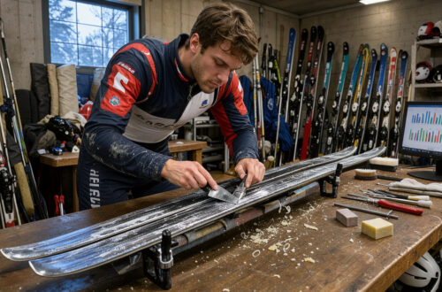 Jeune skieur alpin français en tenue de compétition préparant ses skis dans un local d’équipe de montagne, avec un ordinateur affichant des graphiques budgétaires abstraits.