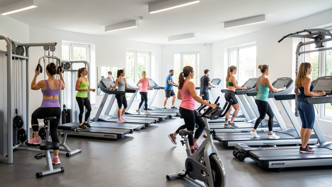 Salle de fitness moderne et lumineuse en France, avec des femmes et des hommes pratiquant la musculation et le cardio-training sur différents appareils.