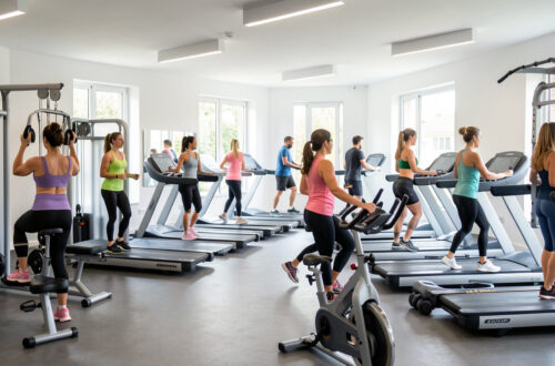Salle de fitness moderne et lumineuse en France, avec des femmes et des hommes pratiquant la musculation et le cardio-training sur différents appareils.