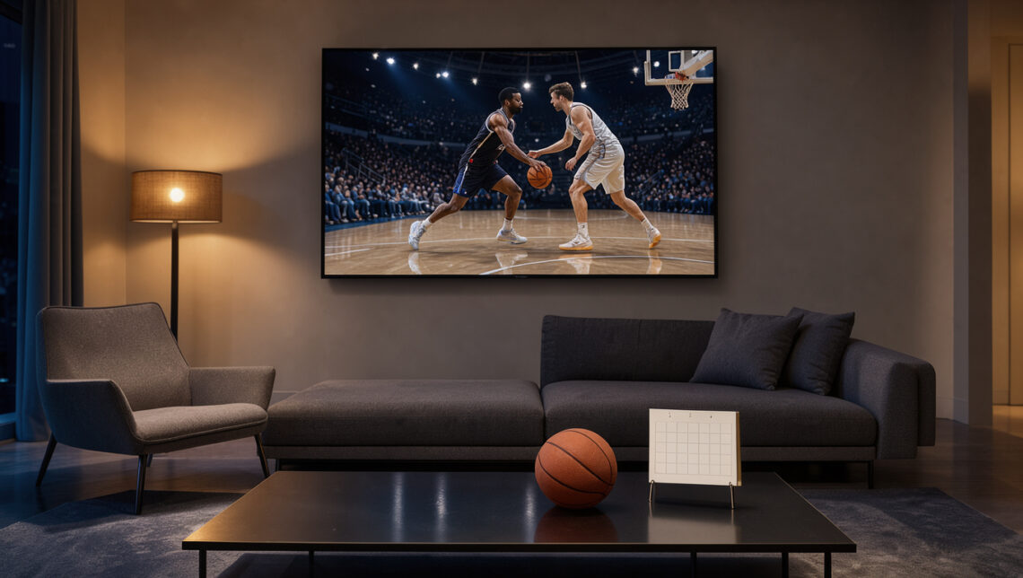 Salon moderne éclairé la nuit, avec un écran montrant un match de basketball, un ballon orange et un calendrier minimaliste posé près d’une table basse.