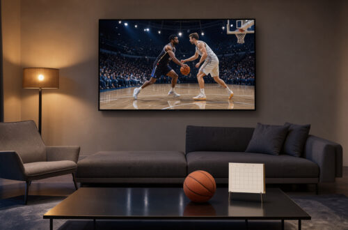 Salon moderne éclairé la nuit, avec un écran montrant un match de basketball, un ballon orange et un calendrier minimaliste posé près d’une table basse.