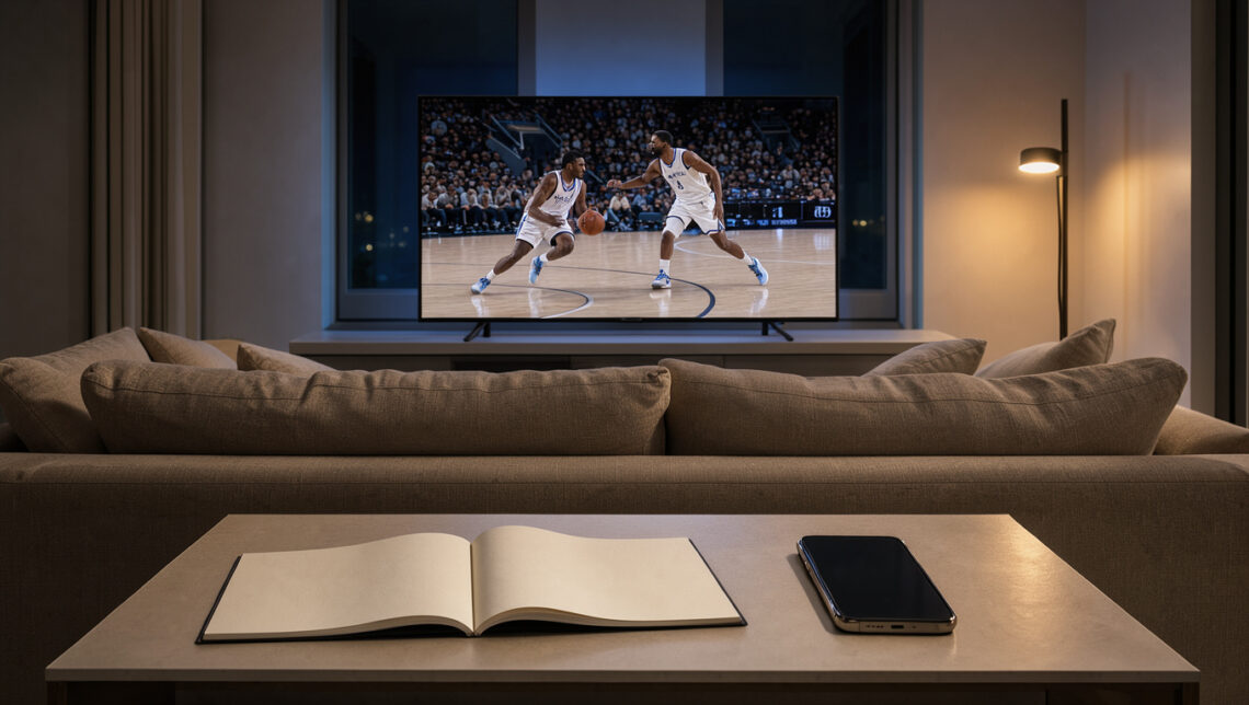 Salon moderne plongé dans une ambiance nocturne, avec un écran diffusant un match de basket et un calendrier ouvert accompagné d’un smartphone sur une table basse.