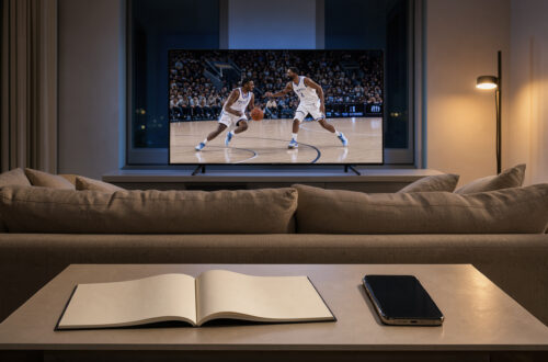 Salon moderne plongé dans une ambiance nocturne, avec un écran diffusant un match de basket et un calendrier ouvert accompagné d’un smartphone sur une table basse.
