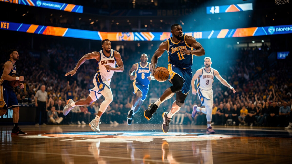 Plusieurs joueurs de basket masculins en action sur un parquet lumineux dans une grande salle sportive américaine, sous des projecteurs dramatiques.