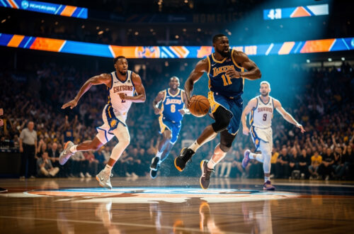Plusieurs joueurs de basket masculins en action sur un parquet lumineux dans une grande salle sportive américaine, sous des projecteurs dramatiques.