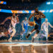 Plusieurs joueurs de basket masculins en action sur un parquet lumineux dans une grande salle sportive américaine, sous des projecteurs dramatiques.