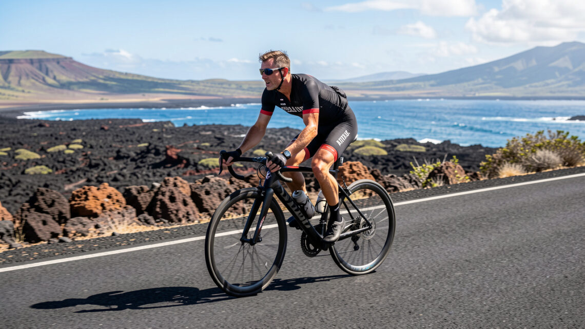 Triathlète amateur à vélo sur une route volcanique d’Hawaï, exposé à la chaleur et au vent latéral sous une lumière naturelle réaliste.